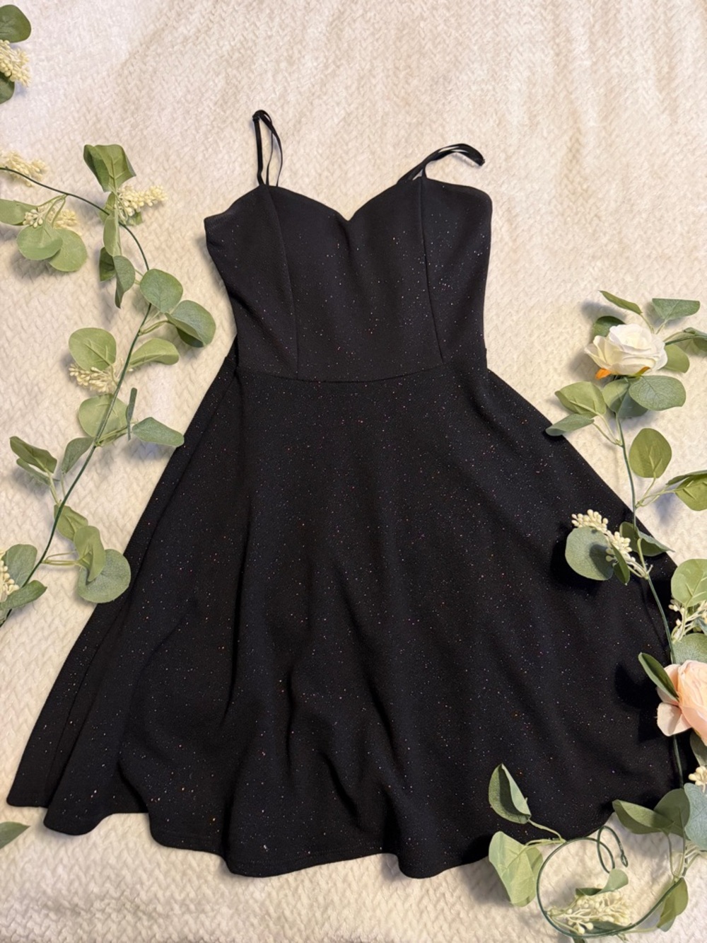 Black Sparkle Fit-and-Flare Dress with Spaghetti Straps